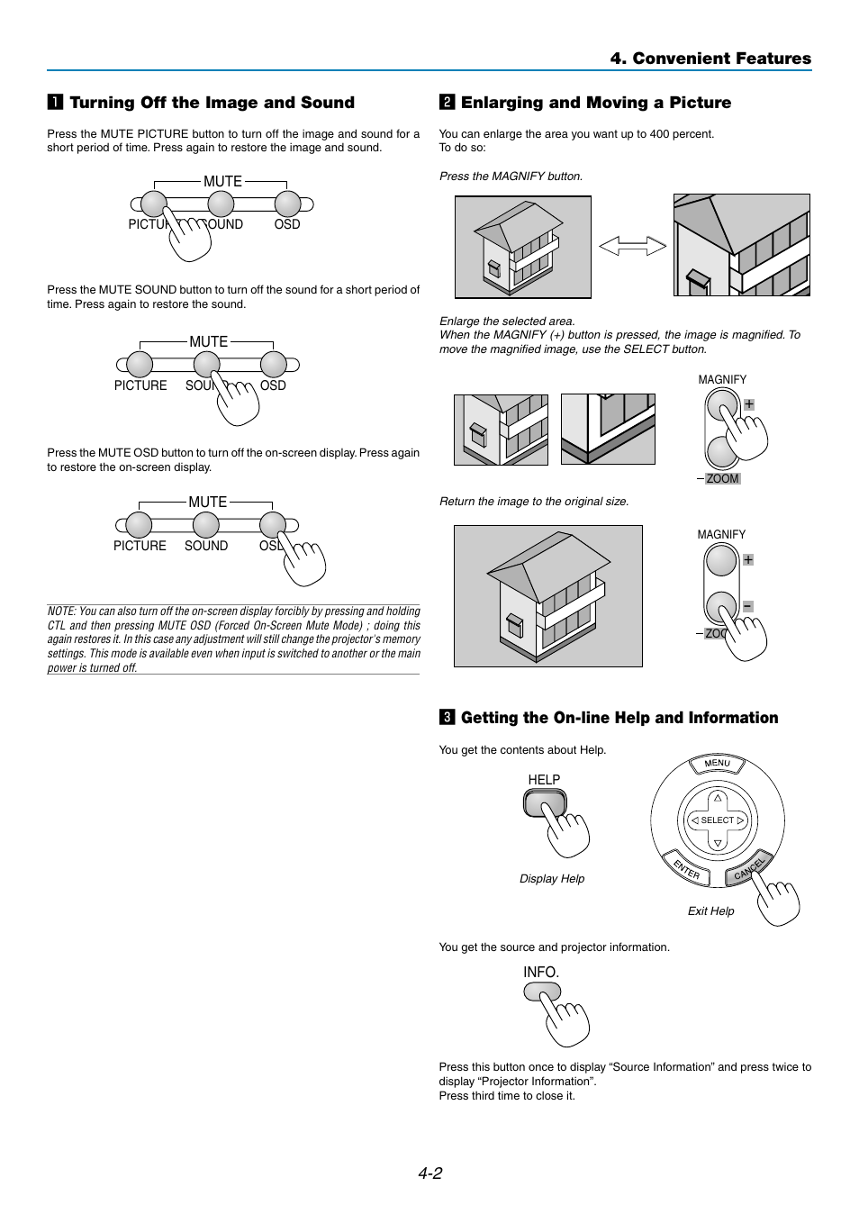 2 z turning off the image and sound, X enlarging and moving a picture, C getting the on-line help and information | Convenient features | NEC GT5000 User Manual | Page 38 / 105