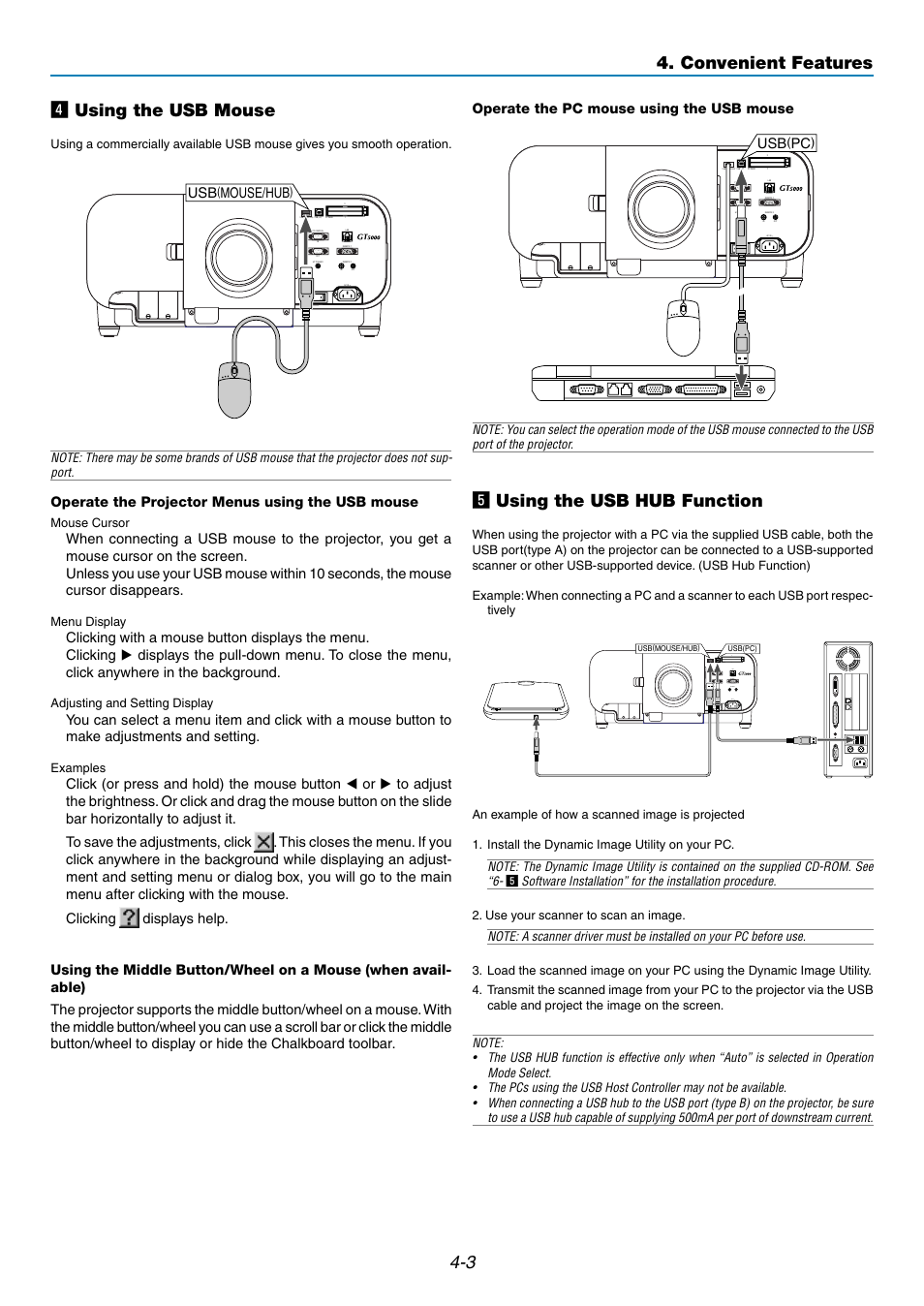 3 v using the usb mouse, B using the usb hub function, Convenient features | Operate the projector menus using the usb mouse, Audio, Mouse/hub, Operate the pc mouse using the usb mouse | NEC GT5000 User Manual | Page 39 / 105