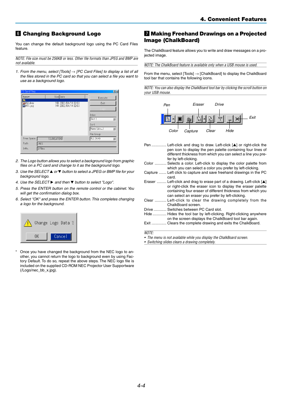 4 n changing background logo, Convenient features | NEC GT5000 User Manual | Page 40 / 105