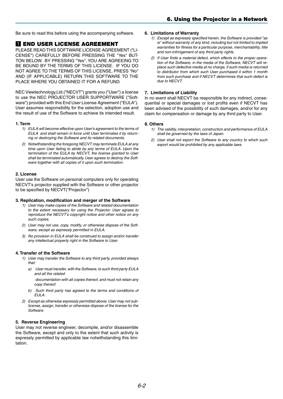 Z end user license agreement, Using the projector in a network | NEC GT5000 User Manual | Page 48 / 105