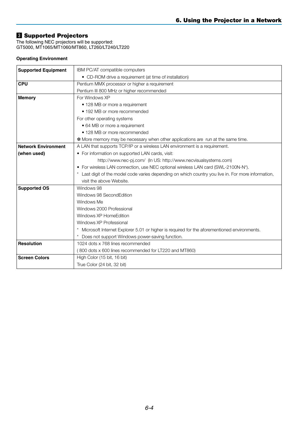 4 c supported projectors, Using the projector in a network | NEC GT5000 User Manual | Page 50 / 105