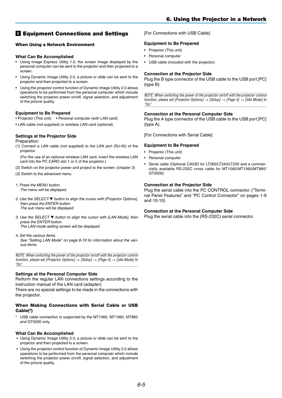 5 v equipment connections and settings, Using the projector in a network | NEC GT5000 User Manual | Page 51 / 105