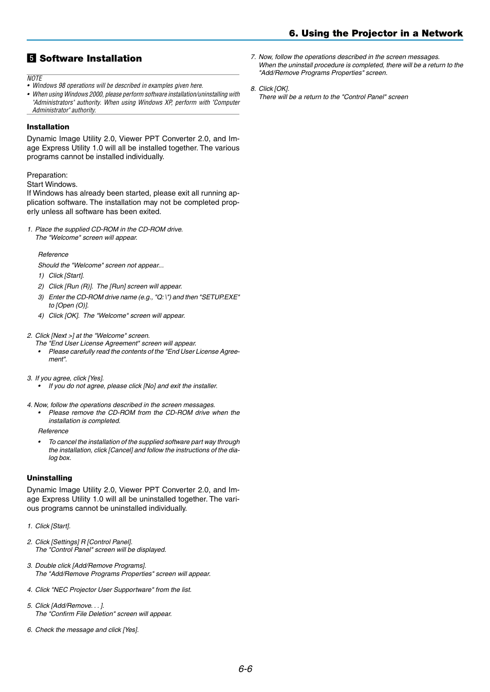 6 b software installation, Using the projector in a network | NEC GT5000 User Manual | Page 52 / 105