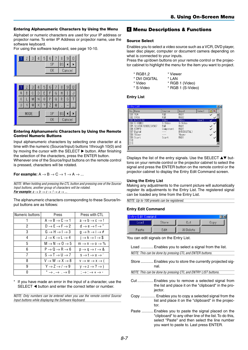 V menu descriptions & functions, Using on-screen menu | NEC GT5000 User Manual | Page 69 / 105