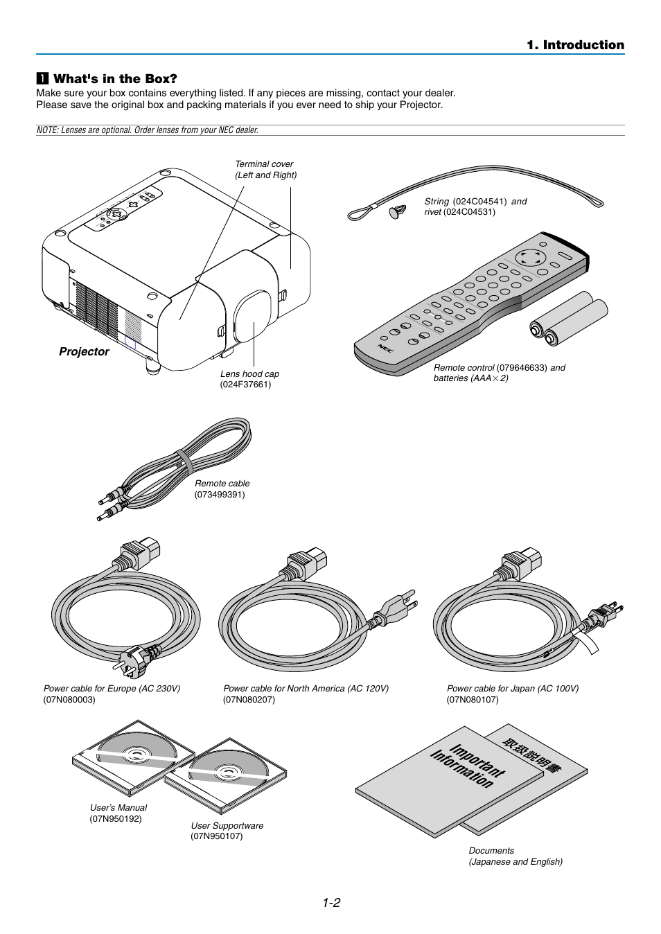 Important information, 2 z what's in the box, Introduction | Projector | NEC GT5000 User Manual | Page 7 / 105