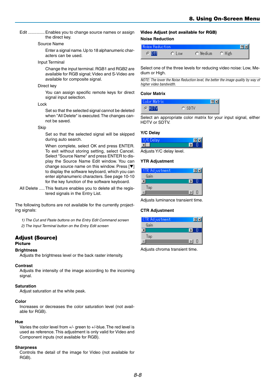 Adjust (source), Using on-screen menu | NEC GT5000 User Manual | Page 70 / 105