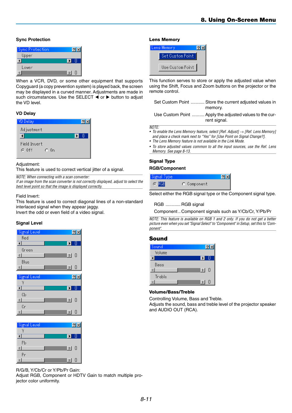 Sound, Using on-screen menu | NEC GT5000 User Manual | Page 73 / 105