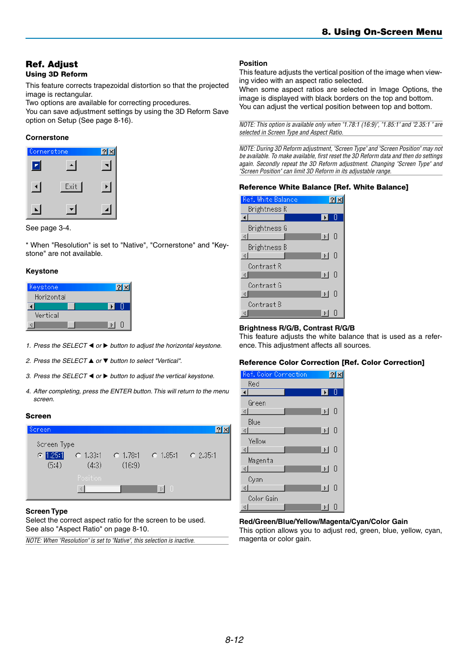 12 ref. adjust, Using on-screen menu | NEC GT5000 User Manual | Page 74 / 105