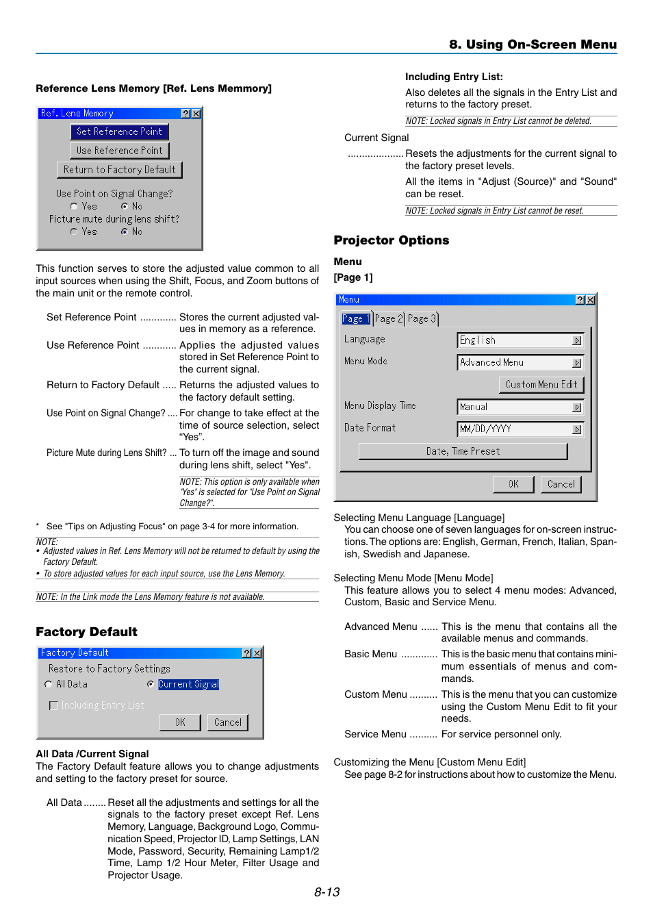 Factory default, Projector options, Using on-screen menu | NEC GT5000 User Manual | Page 75 / 105