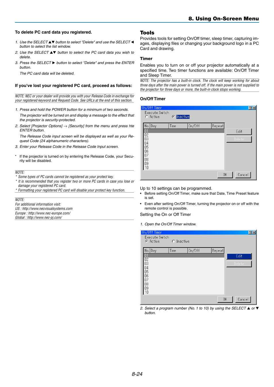 24 tools, Using on-screen menu | NEC GT5000 User Manual | Page 86 / 105