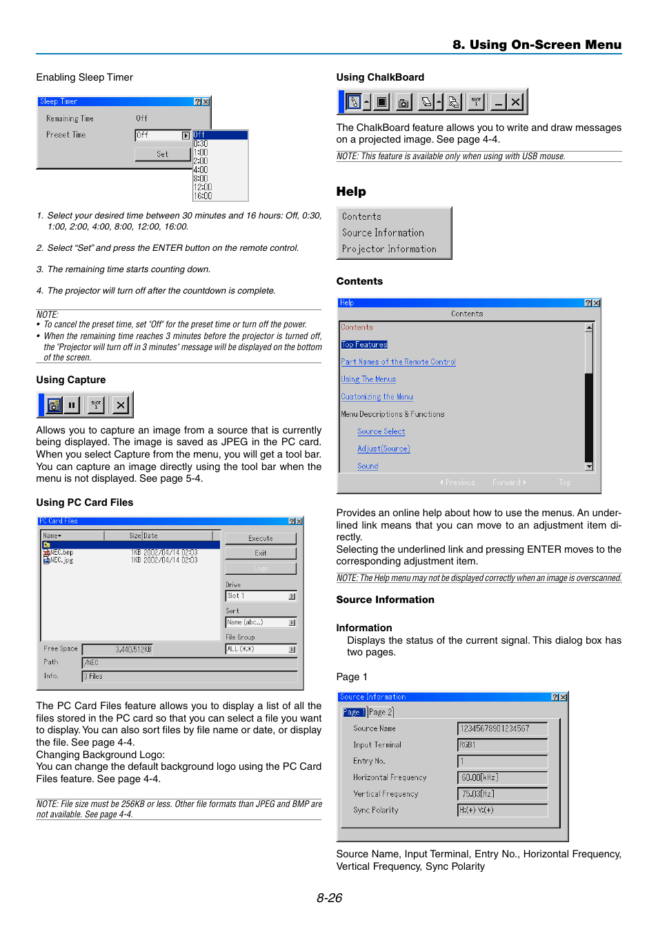 Help, Using on-screen menu | NEC GT5000 User Manual | Page 88 / 105