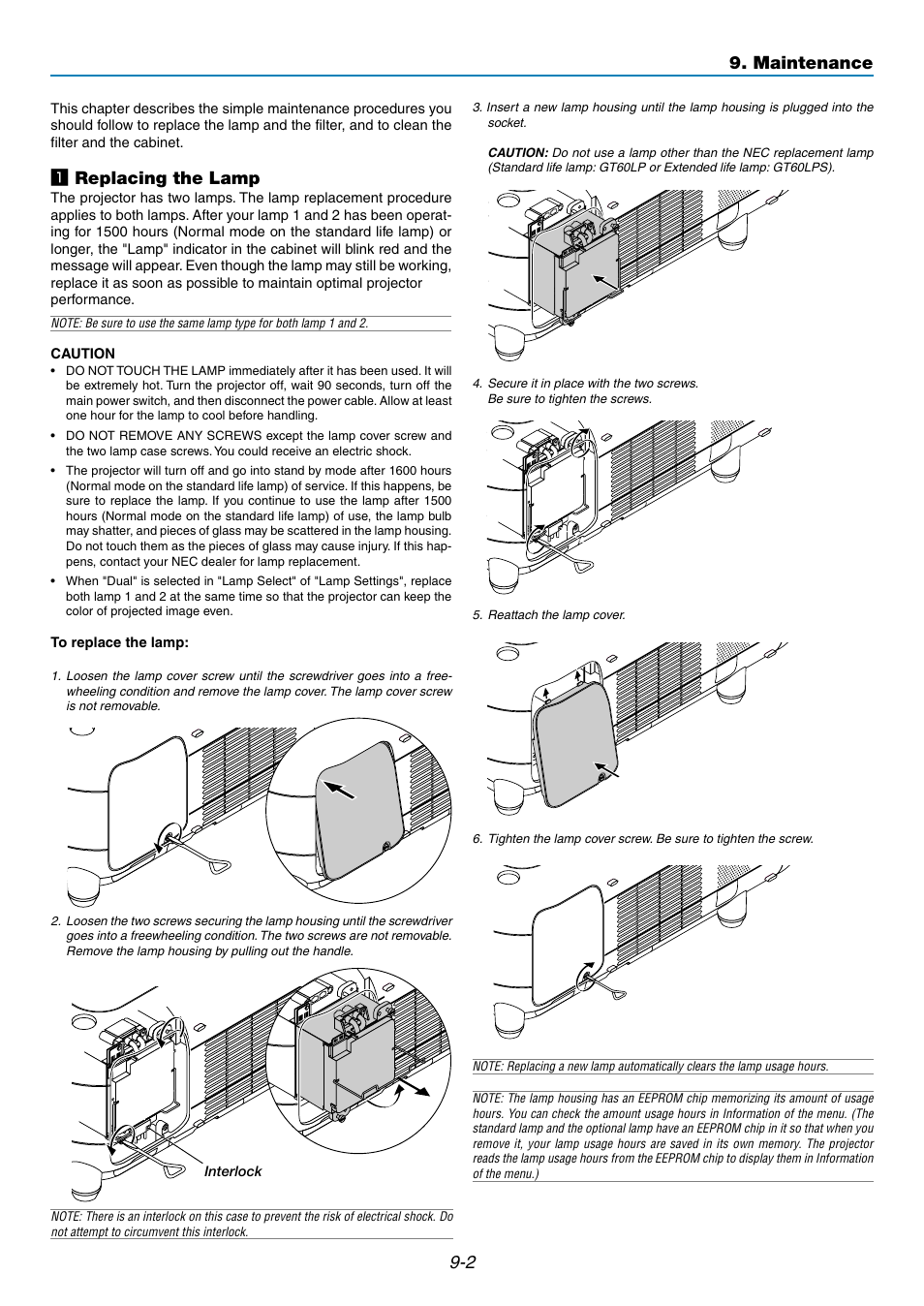 Z replacing the lamp, Maintenance | NEC GT5000 User Manual | Page 91 / 105