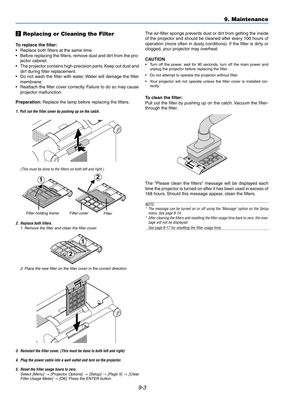 3 x replacing or cleaning the filter, Maintenance | NEC GT5000 User Manual | Page 92 / 105