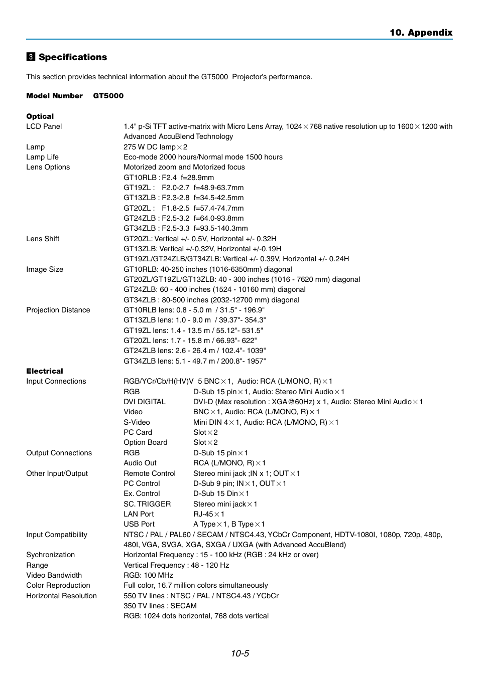 5 c specifications, Appendix | NEC GT5000 User Manual | Page 98 / 105