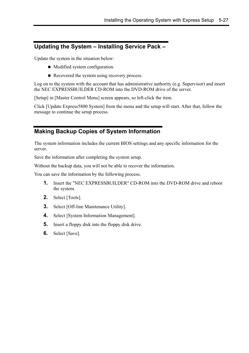 Updating the system ? installing service pack, Making backup copies of system information, Updating the system – installing service pack | NEC Express 5800/230Eh User Manual | Page 139 / 342