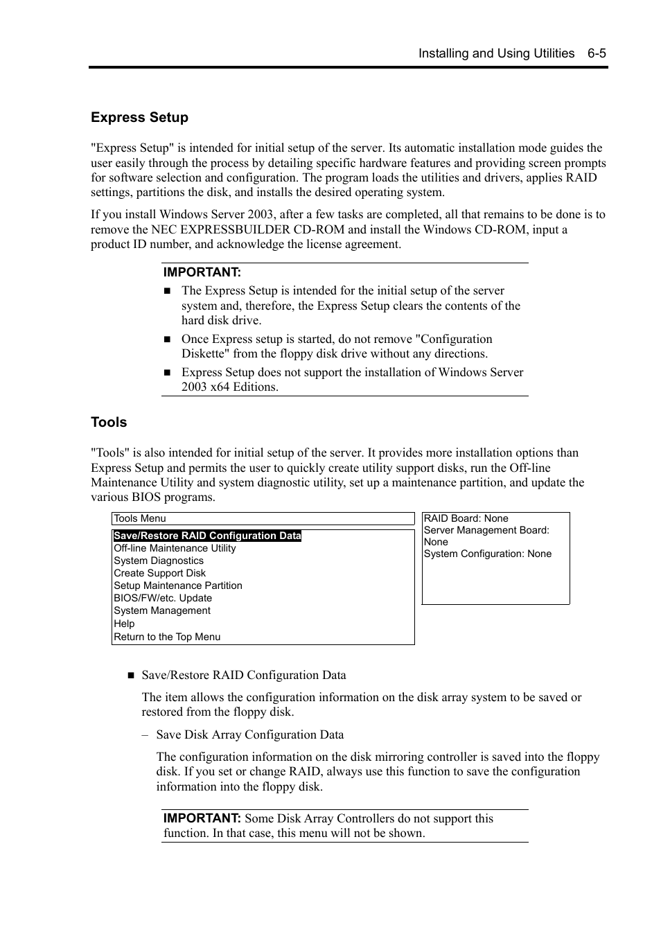 Express setup, Tools | NEC Express 5800/230Eh User Manual | Page 145 / 342
