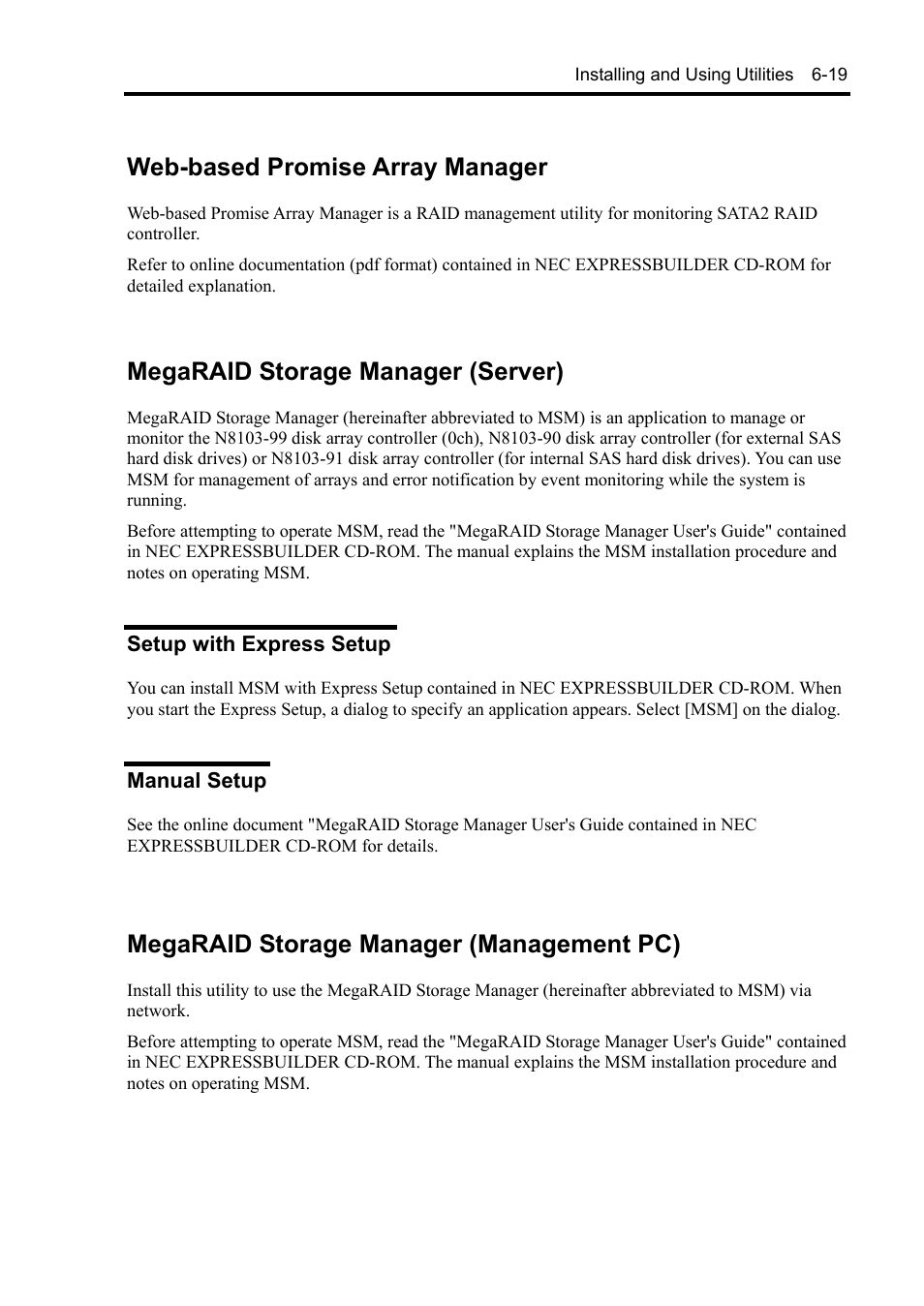 Web-based promise array manager, Megaraid storage manager (server), Setup with express setup | Manual setup, Megaraid storage manager (management pc) | NEC Express 5800/230Eh User Manual | Page 159 / 342