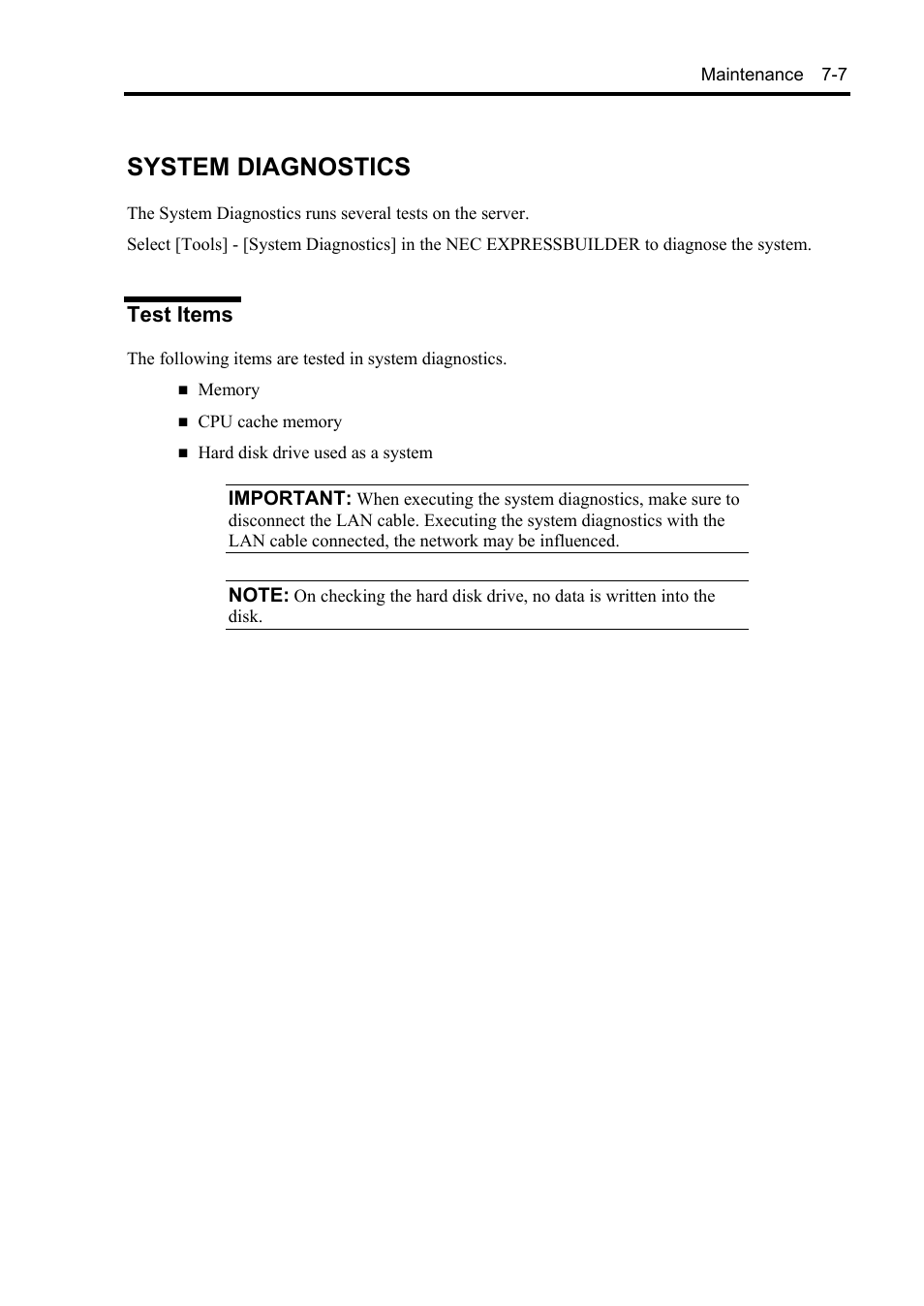 System diagnostics, Test items | NEC Express 5800/230Eh User Manual | Page 171 / 342