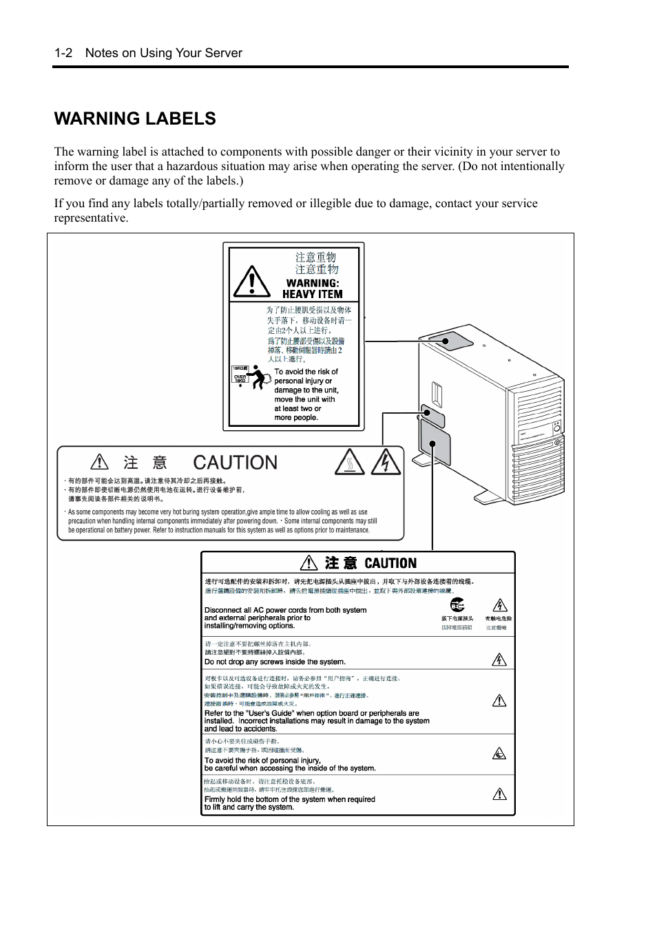 Warning labels | NEC Express 5800/230Eh User Manual | Page 18 / 342