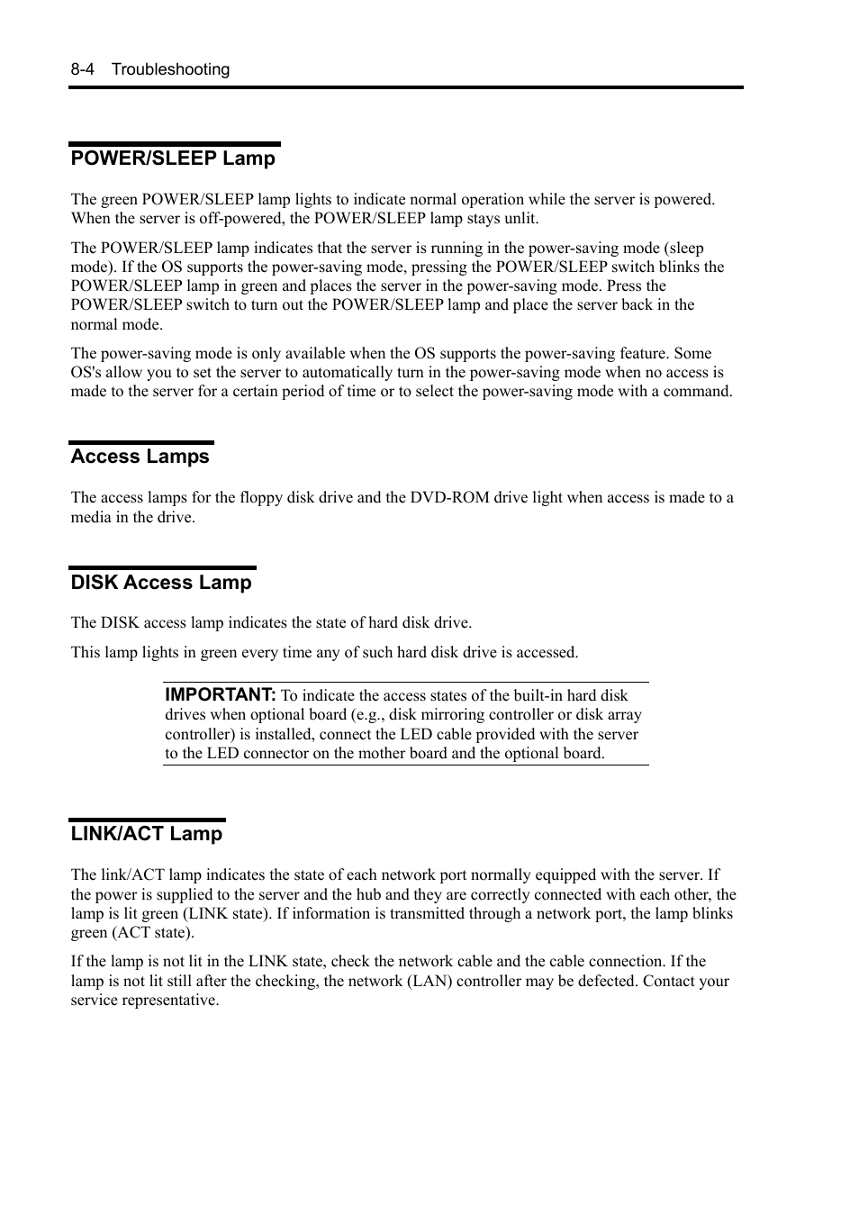 Power/sleep lamp, Access lamps, Disk access lamp | Link/act lamp | NEC Express 5800/230Eh User Manual | Page 180 / 342
