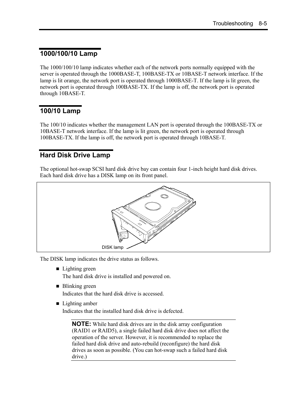 1000/100/10 lamp, 100/10 lamp, Hard disk drive lamp | NEC Express 5800/230Eh User Manual | Page 181 / 342