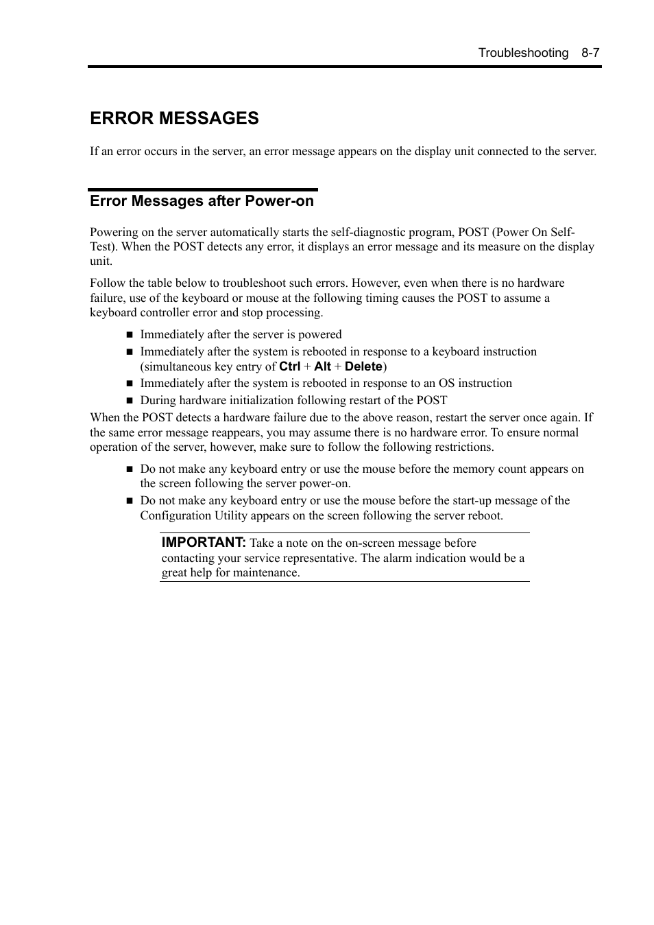Error messages, Error messages after power-on | NEC Express 5800/230Eh User Manual | Page 183 / 342