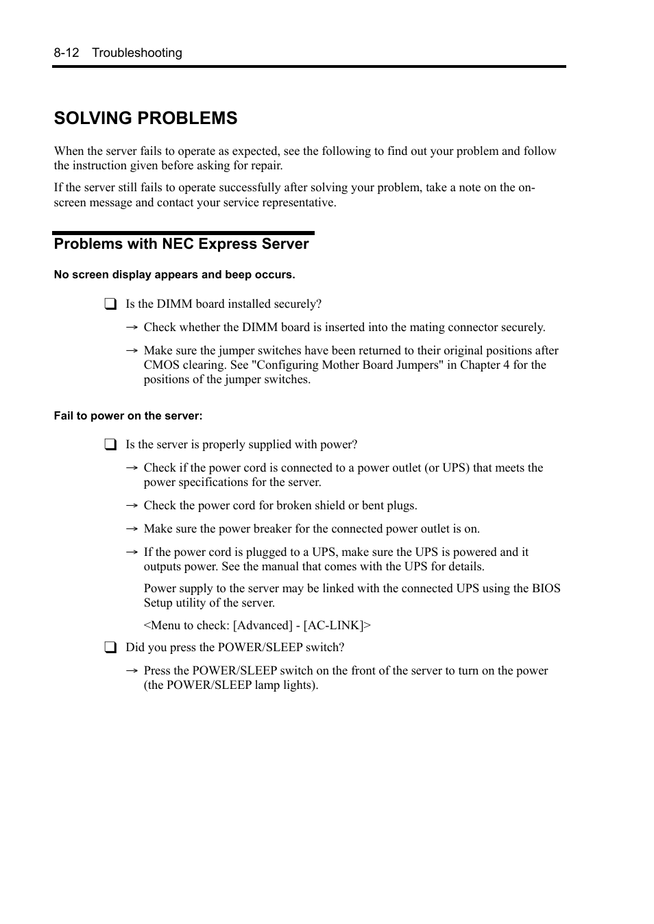 Solving problems, Problems with nec express server | NEC Express 5800/230Eh User Manual | Page 188 / 342