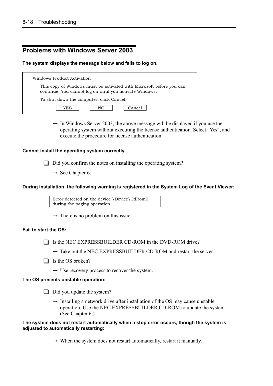 Problems with windows server 2003 | NEC Express 5800/230Eh User Manual | Page 194 / 342
