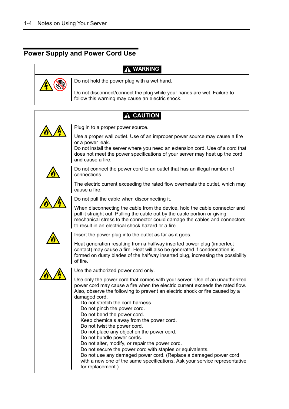 Power supply and power cord use, Caution | NEC Express 5800/230Eh User Manual | Page 20 / 342