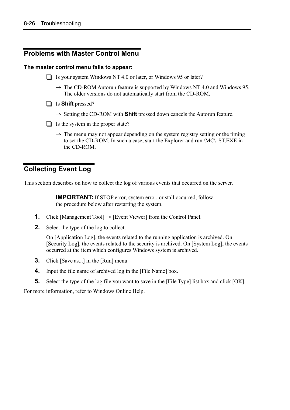 Problems with master control menu, Collecting event log | NEC Express 5800/230Eh User Manual | Page 202 / 342