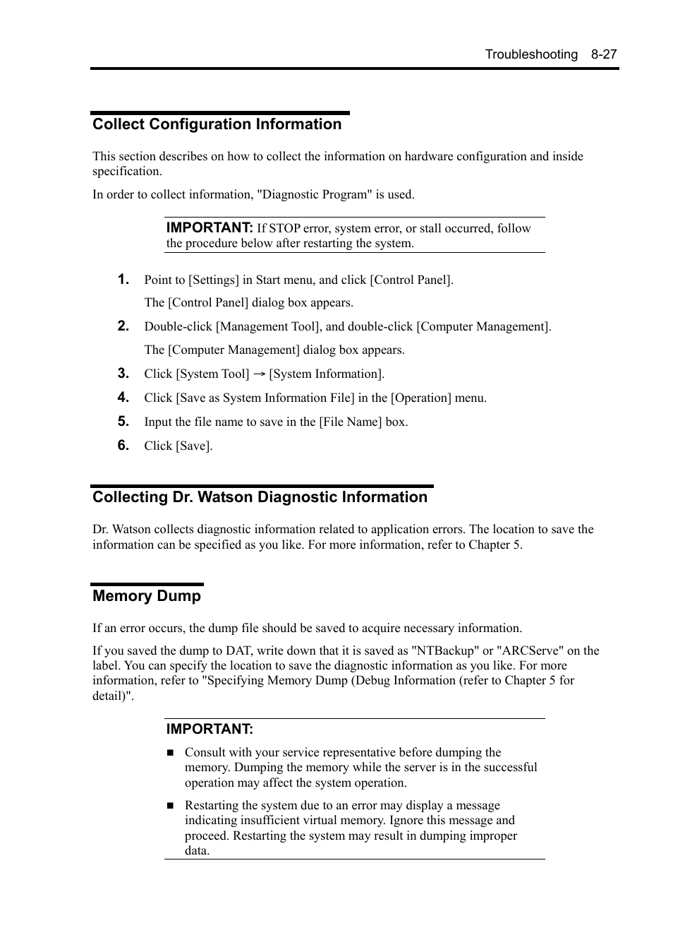 Collect configuration information, Collecting dr. watson diagnostic information, Memory dump | NEC Express 5800/230Eh User Manual | Page 203 / 342