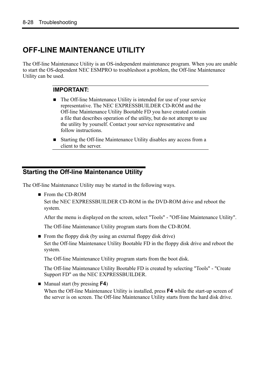 Off-line maintenance utility, Starting the off-line maintenance utility | NEC Express 5800/230Eh User Manual | Page 204 / 342