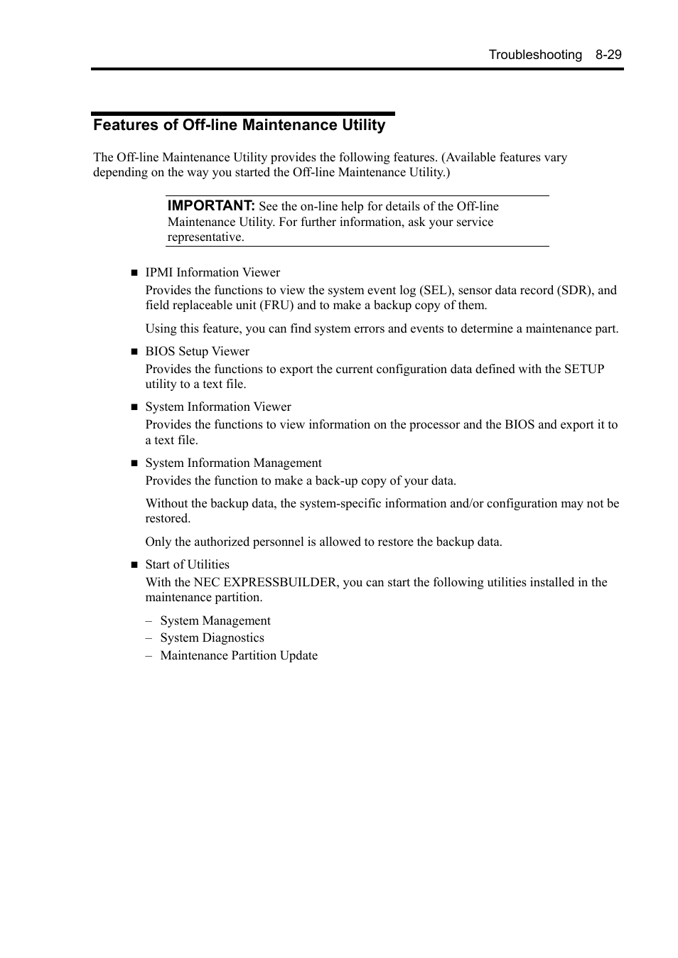 Features of off-line maintenance utility | NEC Express 5800/230Eh User Manual | Page 205 / 342