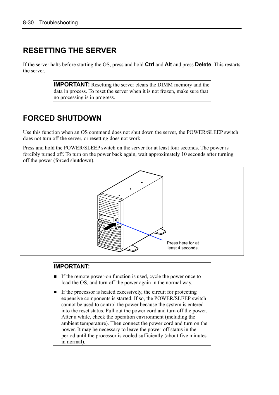 Resetting the server, Forced shutdown | NEC Express 5800/230Eh User Manual | Page 206 / 342