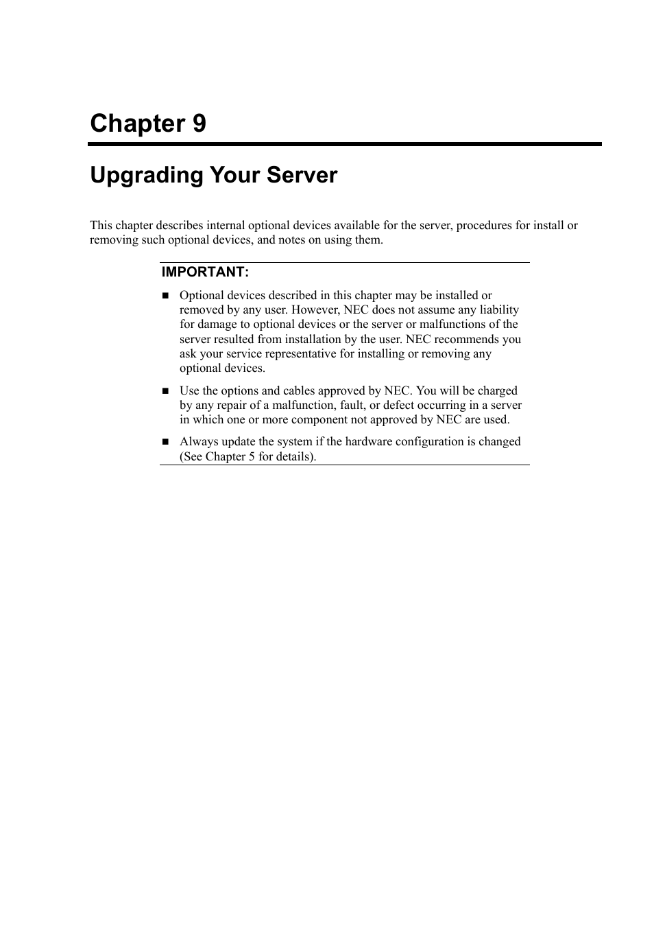 Upgrading your server, Chapter 9 | NEC Express 5800/230Eh User Manual | Page 207 / 342