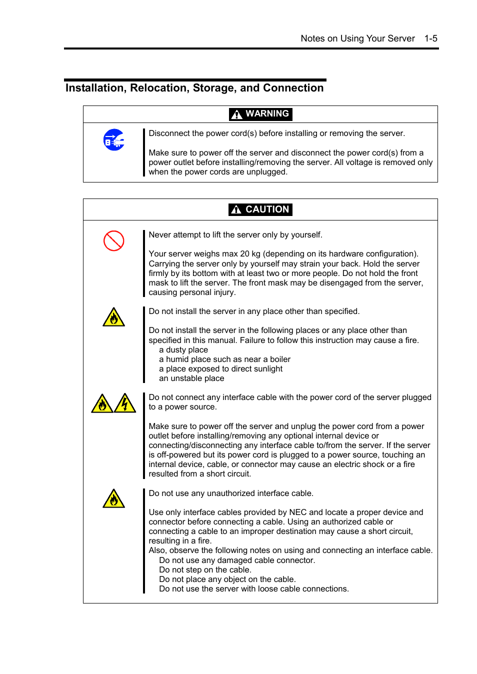 Installation, relocation, storage, and connection, Caution | NEC Express 5800/230Eh User Manual | Page 21 / 342