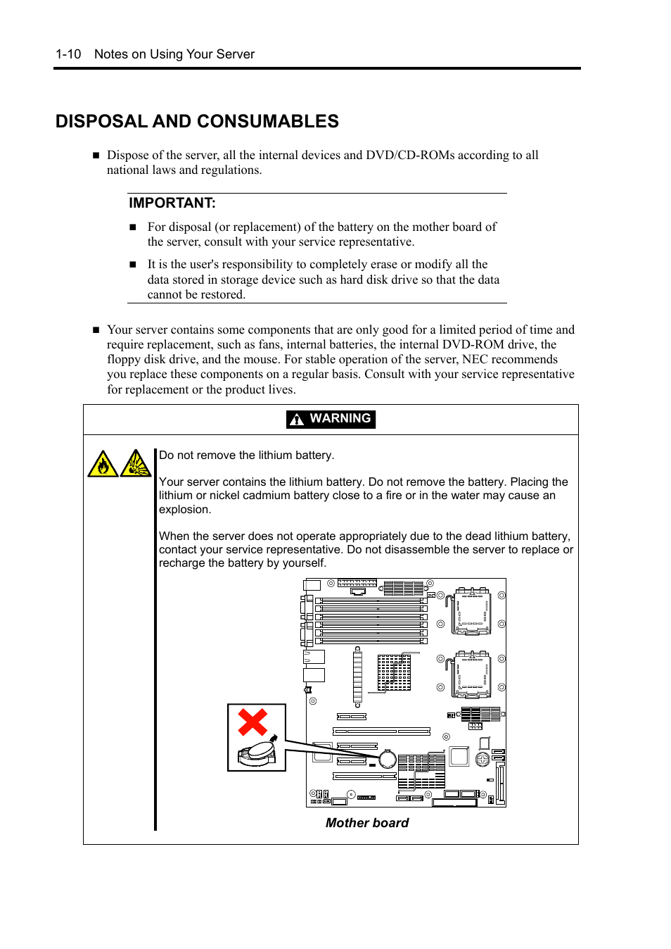 Disposal and consumables, Important | NEC Express 5800/230Eh User Manual | Page 26 / 342