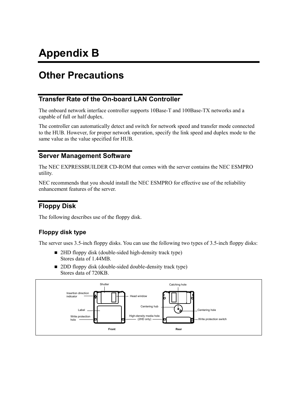 B. other precautions, Transfer rate of the on-board lan controller, Server management software | Floppy disk, Appendix b, Other precautions, Floppy disk type | NEC Express 5800/230Eh User Manual | Page 285 / 342