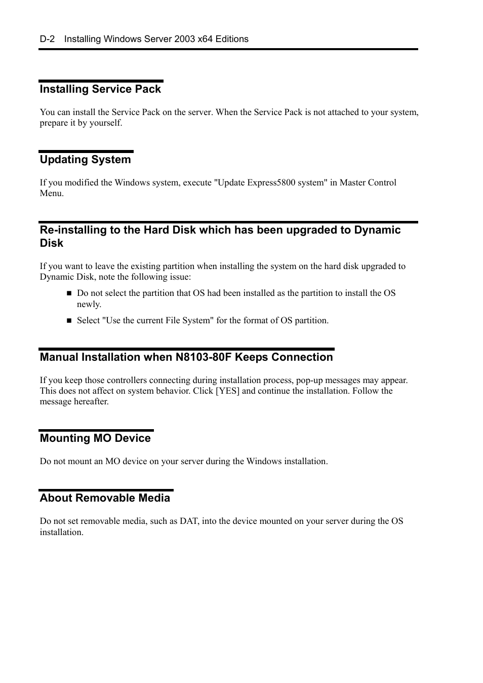 Installing service pack, Updating system, Mounting mo device | About removable media | NEC Express 5800/230Eh User Manual | Page 294 / 342