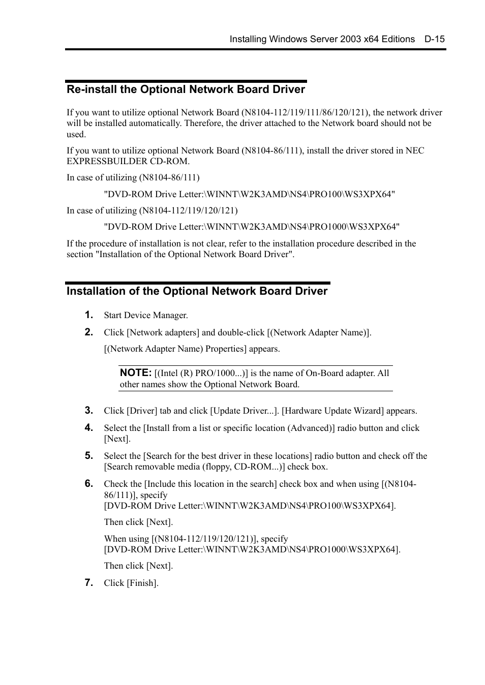 Re-install the optional network board driver, Installation of the optional network board driver | NEC Express 5800/230Eh User Manual | Page 307 / 342