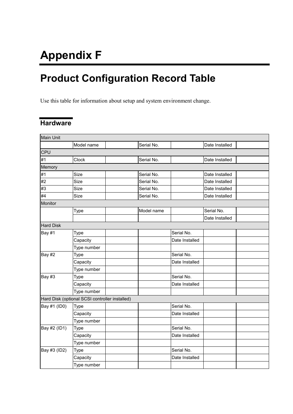 F. product configuration record table, Hardware, Appendix f | Product configuration record table | NEC Express 5800/230Eh User Manual | Page 339 / 342
