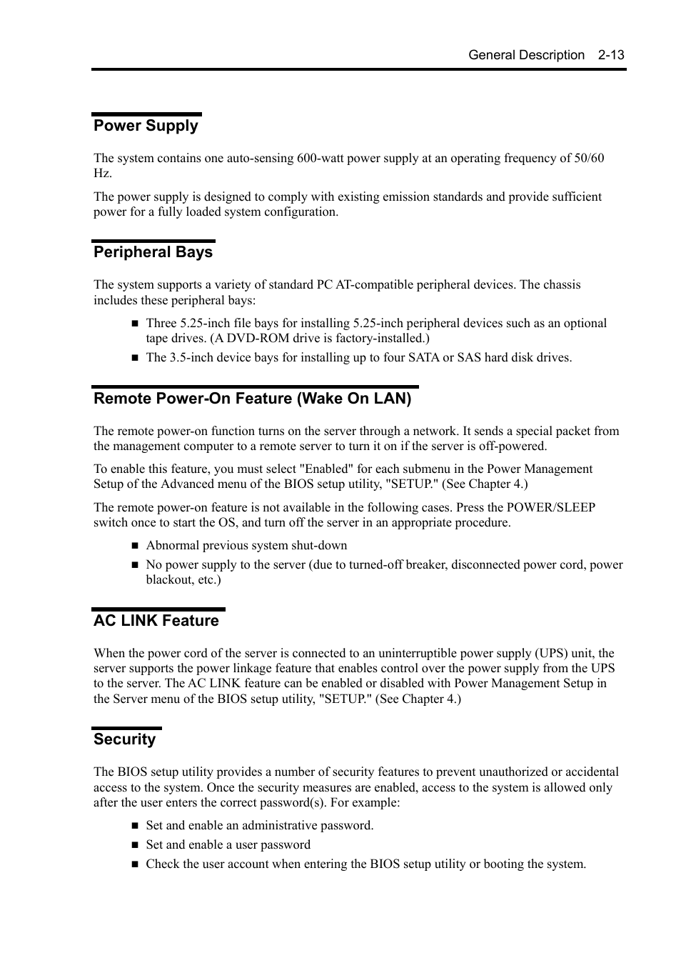 Power supply, Peripheral bays, Remote power-on feature (wake on lan) | Ac link feature, Security | NEC Express 5800/230Eh User Manual | Page 41 / 342