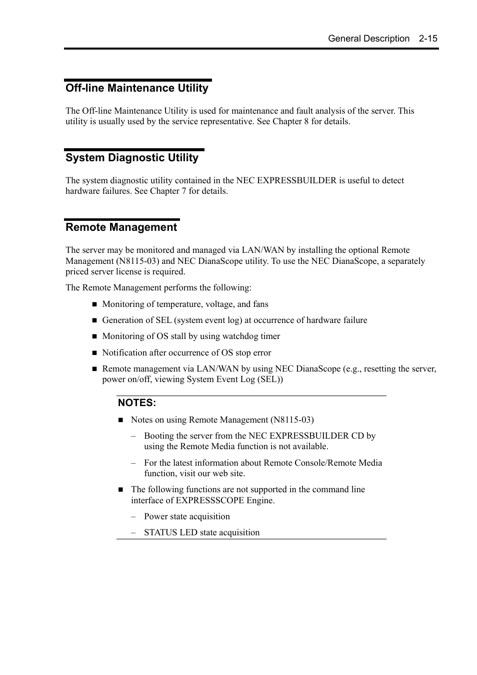Off-line maintenance utility, System diagnostic utility, Remote management | NEC Express 5800/230Eh User Manual | Page 43 / 342