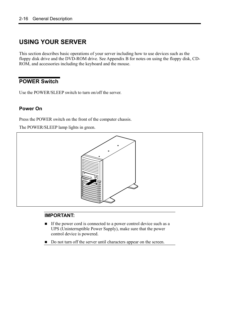 Using your server, Power switch | NEC Express 5800/230Eh User Manual | Page 44 / 342