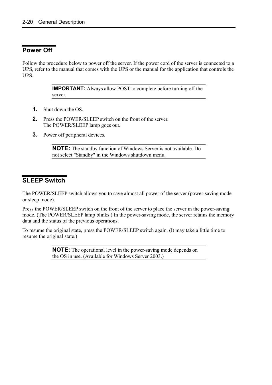 Power off, Sleep switch | NEC Express 5800/230Eh User Manual | Page 48 / 342