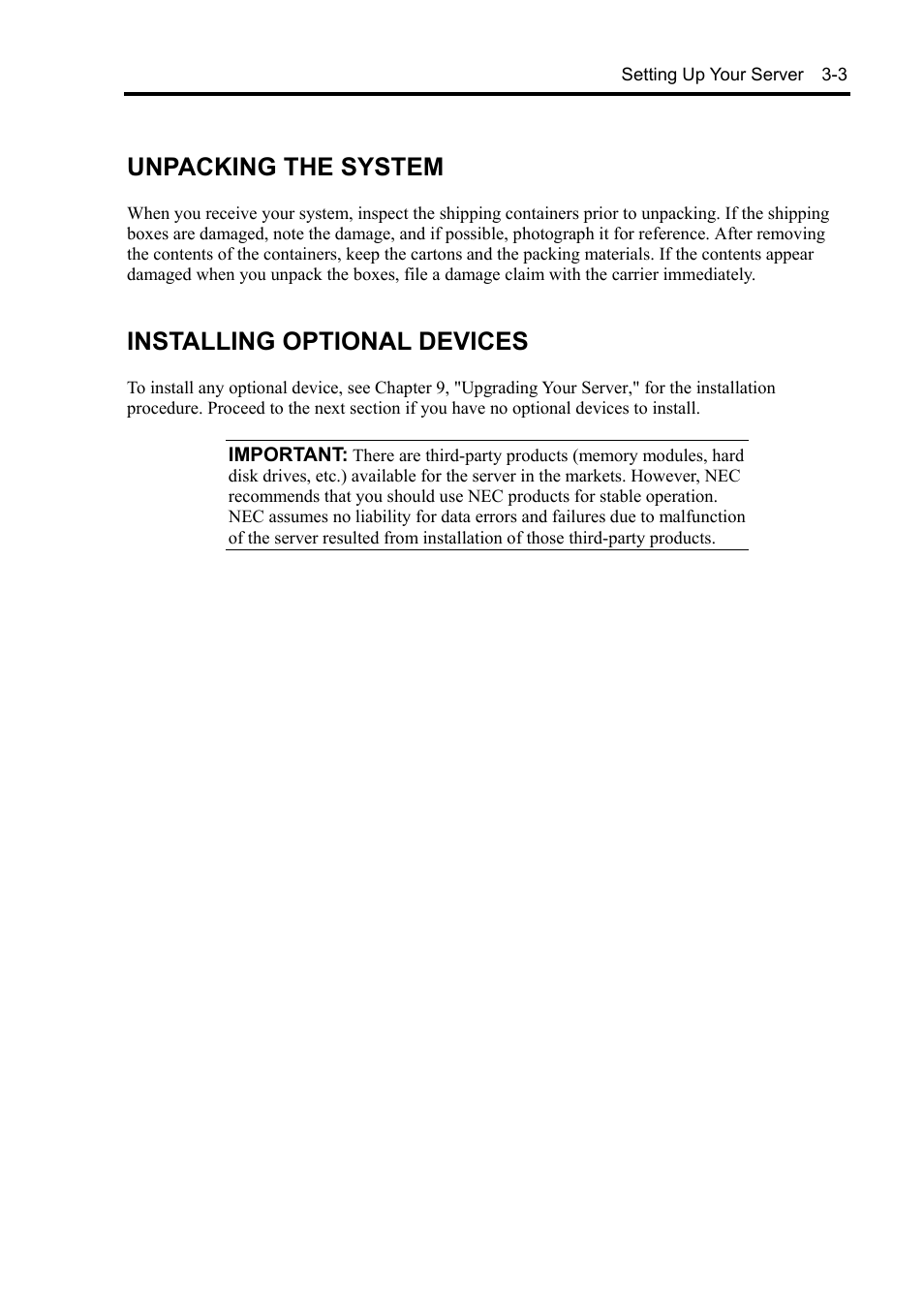 Unpacking the system, Installing optional devices | NEC Express 5800/230Eh User Manual | Page 55 / 342