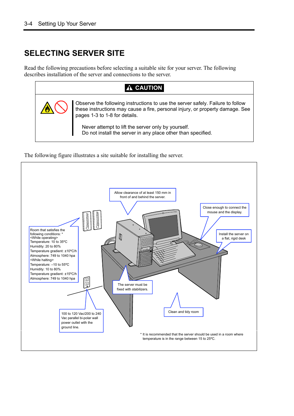 Selecting server site, Caution, 4 setting up your server | NEC Express 5800/230Eh User Manual | Page 56 / 342
