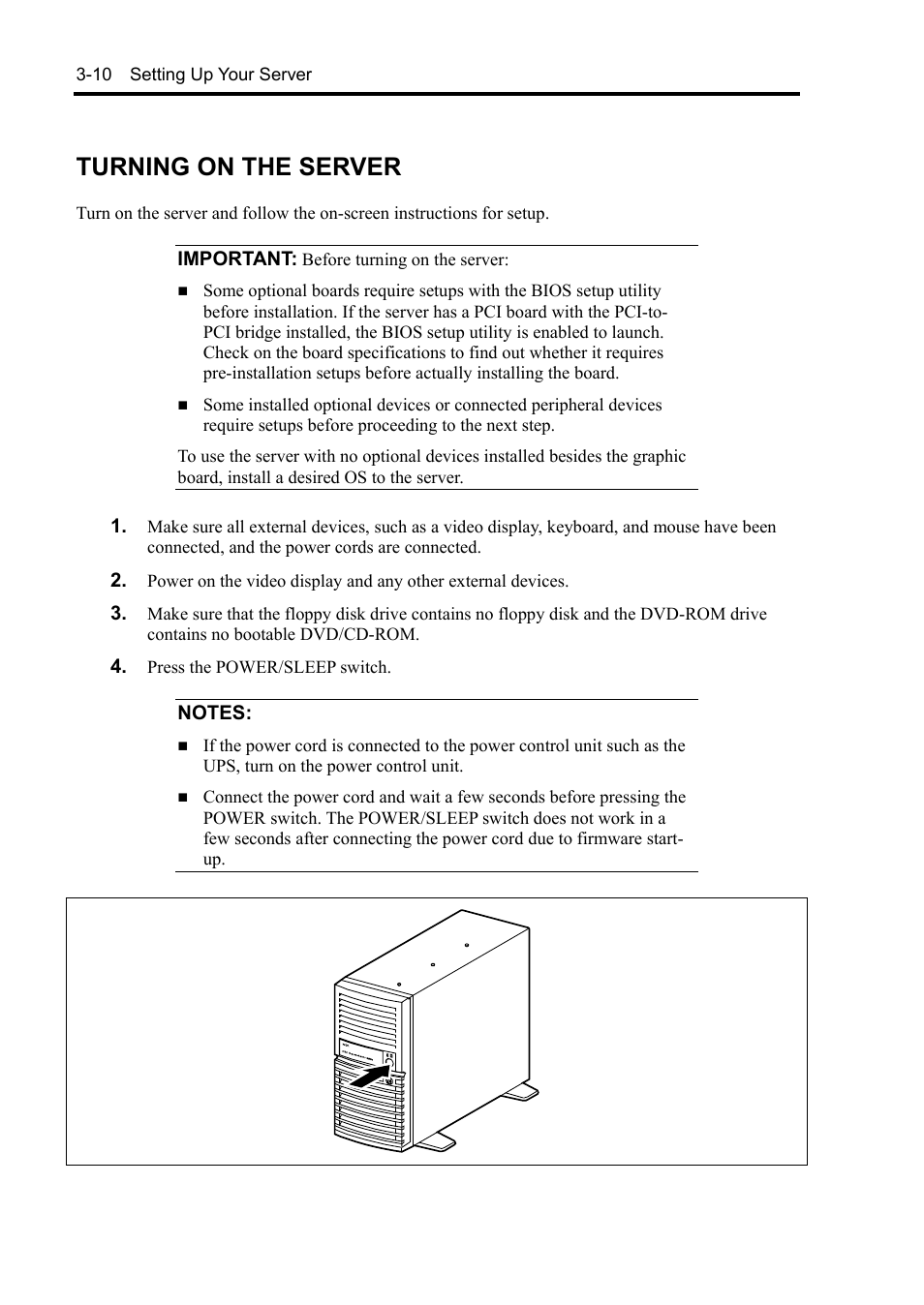 Turning on the server | NEC Express 5800/230Eh User Manual | Page 62 / 342