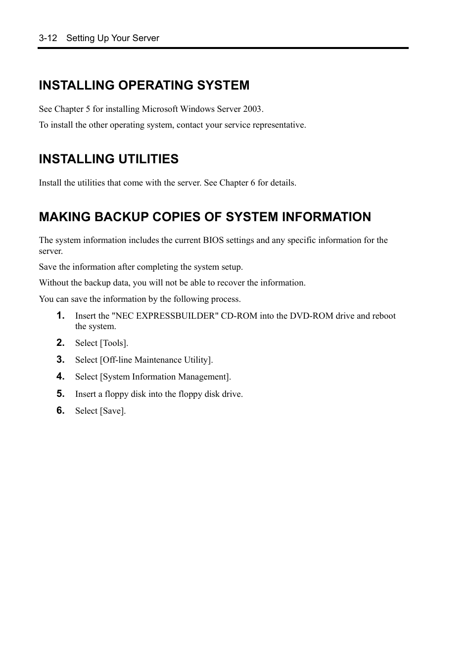 Installing operating system, Installing utilities, Making backup copies of system information | NEC Express 5800/230Eh User Manual | Page 64 / 342