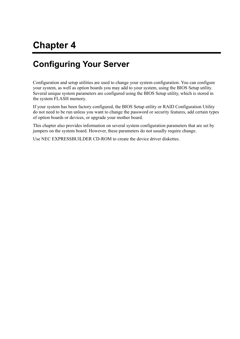 Configuring your server, Chapter 4 | NEC Express 5800/230Eh User Manual | Page 65 / 342